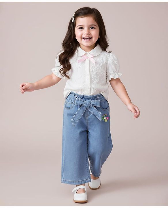 Babyhug Ankle Length Washed Denim Culottes & Belt With Floral Embroidery - Blue
