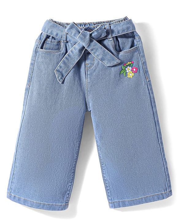 Babyhug Ankle Length Washed Denim Culottes & Belt With Floral Embroidery - Blue