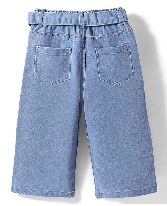 Babyhug Ankle Length Washed Denim Culottes & Belt With Floral Embroidery - Blue
