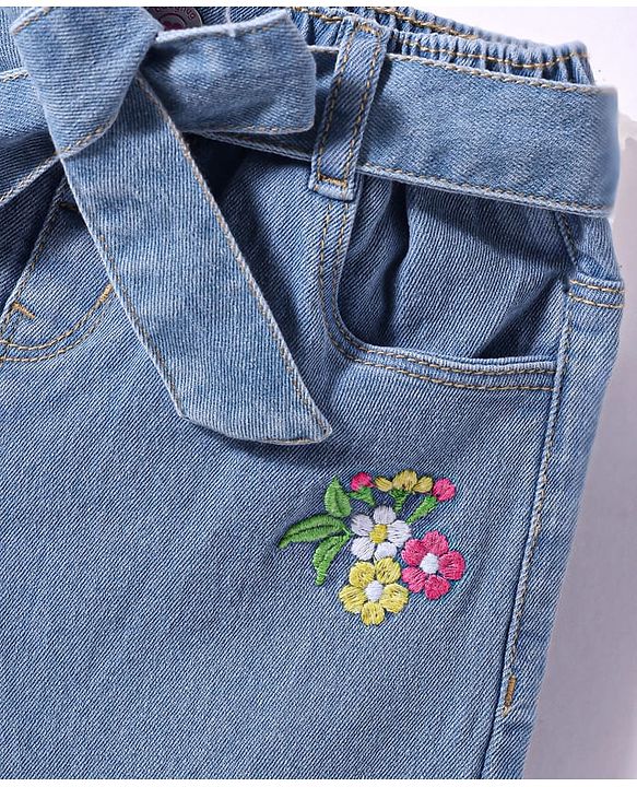 Babyhug Ankle Length Washed Denim Culottes & Belt With Floral Embroidery - Blue