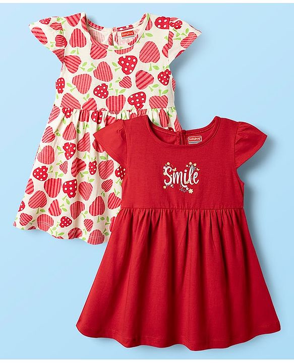 Babyhug Single Jersey Knit Cap Sleeves Fruit Printed Frocks Pack of 2 - Red & White