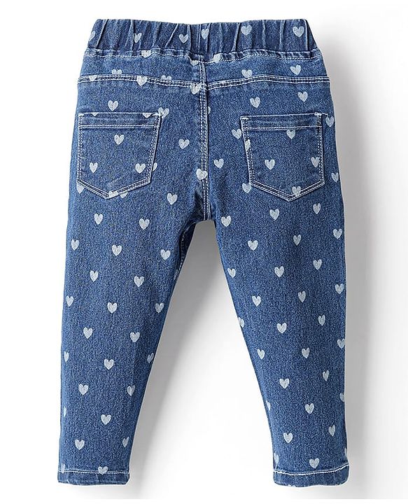 Babyhug Full Length Denim Jeggings With Stretch Heart Print - Blue