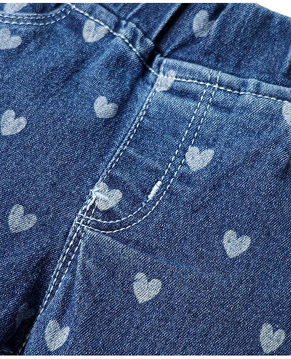 Babyhug Full Length Denim Jeggings With Stretch Heart Print - Blue