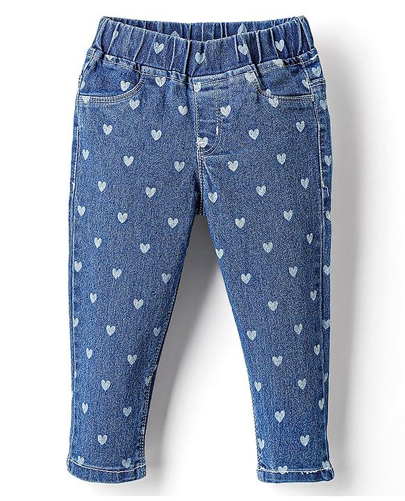 Babyhug Full Length Denim Jeggings With Stretch Heart Print - Blue