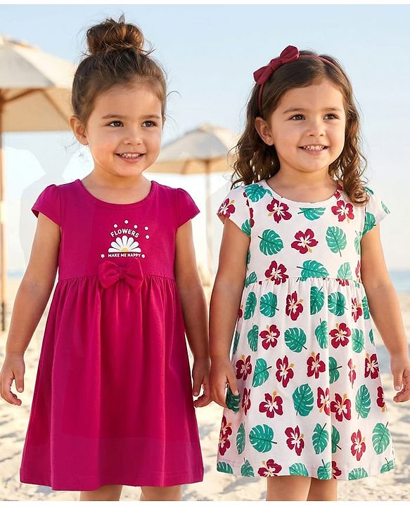 Babyhug 100% Cotton Cap Sleeves Frocks With Floral & Text Print Pack Of 2 - Red & Peach
