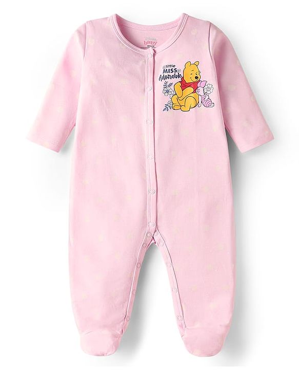 Babyhug Disney Interlock Knit Full Sleeves Footed Sleep Suits With Winnie The Pooh Graphics Pack of 2 - Baby Pink & White