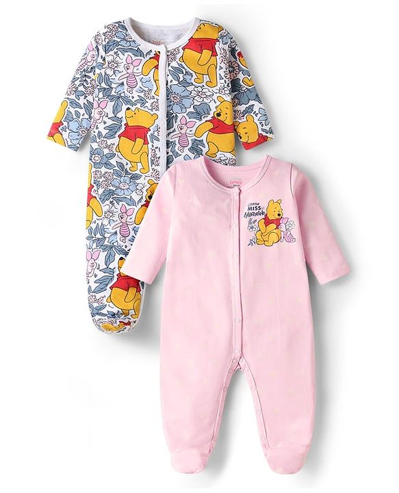 Babyhug Disney Interlock Knit Full Sleeves Footed Sleep Suits With Winnie The Pooh Graphics Pack of 2 - Baby Pink & White