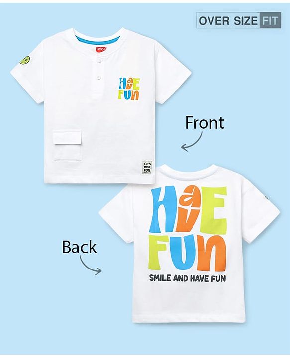 Babyhug Cotton Knit Half Sleeves Oversized T-Shirt with Front & Back Text Print - White