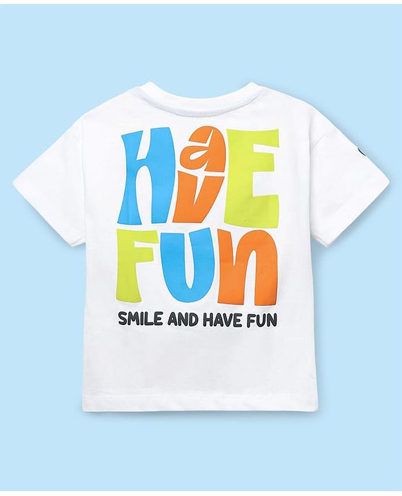 Babyhug Cotton Knit Half Sleeves Oversized T-Shirt with Front & Back Text Print - White