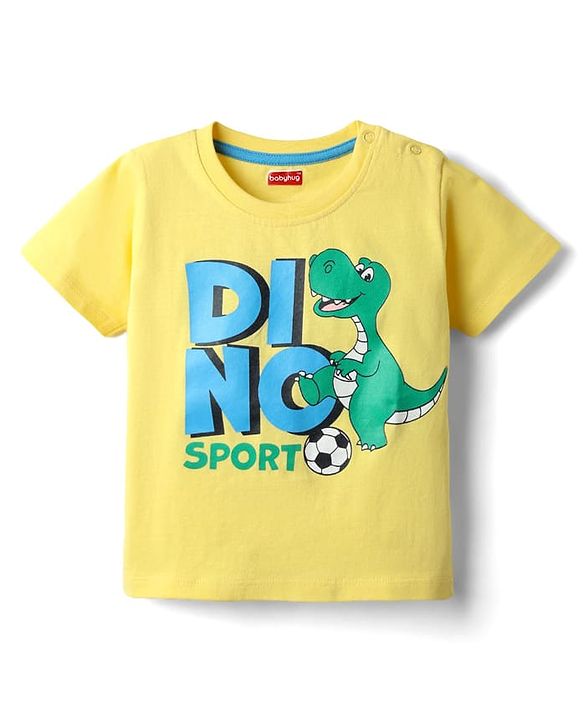 Babyhug Cotton Knit Half Sleeves T-Shirt with Dino Print - Yellow