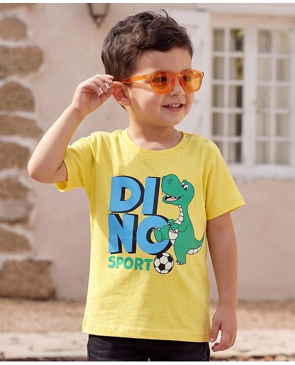 Babyhug Cotton Knit Half Sleeves T-Shirt with Dino Print - Yellow