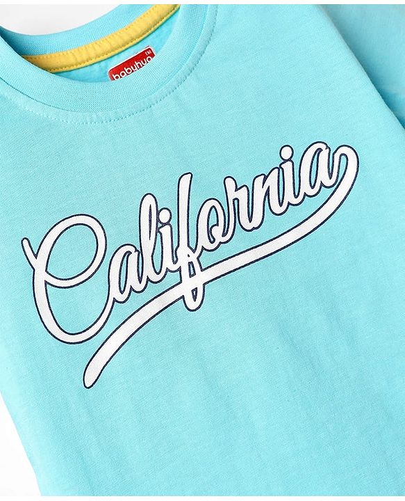 Babyhug Cotton Knit Half Sleeves T-Shirt with Front & Back Beach Theme Print - Aqua Blue
