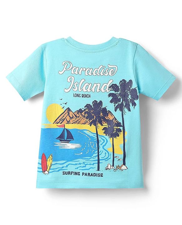 Babyhug Cotton Knit Half Sleeves T-Shirt with Front & Back Beach Theme Print - Aqua Blue