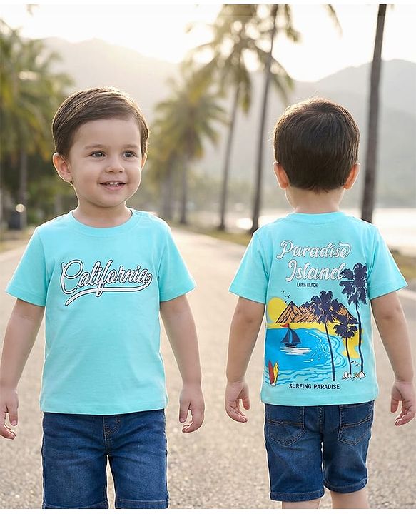 Babyhug Cotton Knit Half Sleeves T-Shirt with Front & Back Beach Theme Print - Aqua Blue