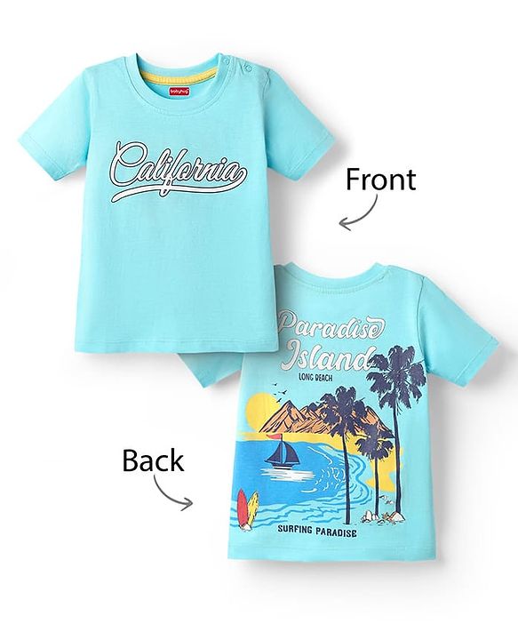 Babyhug Cotton Knit Half Sleeves T-Shirt with Front & Back Beach Theme Print - Aqua Blue