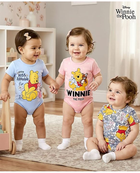 Babyhug 100% Cotton Knit Half Sleeves Striped & Animal Printed Onesies Pack of 3 - Navy Blue Yellow & White main image 0