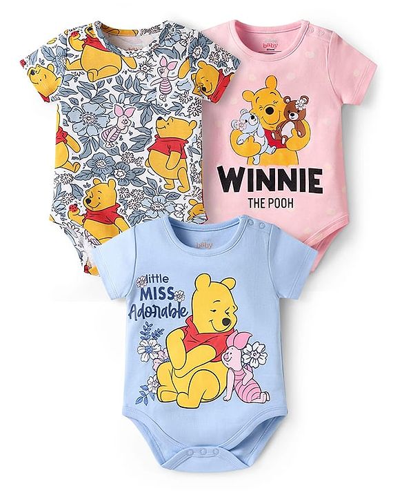 Babyhug Disney Interlock Knit Half Sleeves Onesies With Winnie The Pooh Print Pack Of 3 - Pink Blue & White