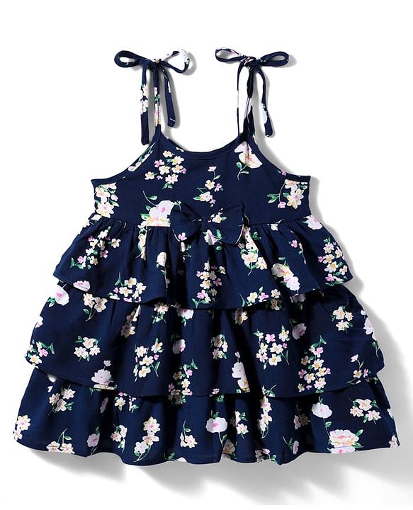 Babyhug Woven Sleeveless Frock with Floral Print - Navy Blue
