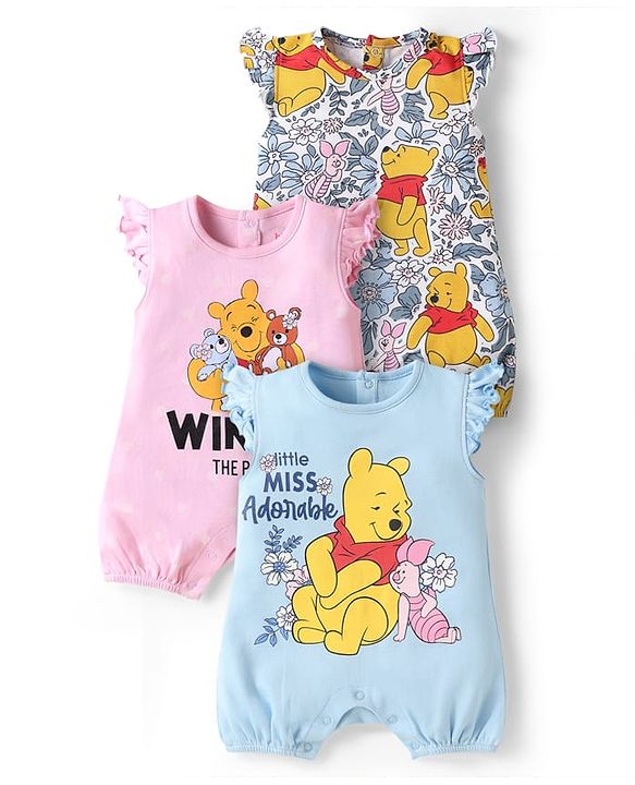 Babyhug Disney Interlock Knit Frill Sleeves Onesies With Winnie The Pooh Graphics Pack Of 3 - Blue Pink & White