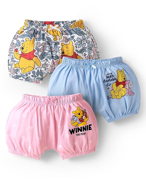 Babyhug Disney Single Jersey Knit Bloomers With Winnie The Pooh Print Pack Of 3 - Pink Blue & White
