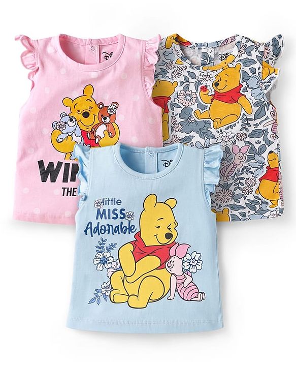 Babyhug Disney Single Jersey Knit Sleeveless T-Shirts With Winnie The Pooh Graphics Pack Of 3 - Pink & Light Blue