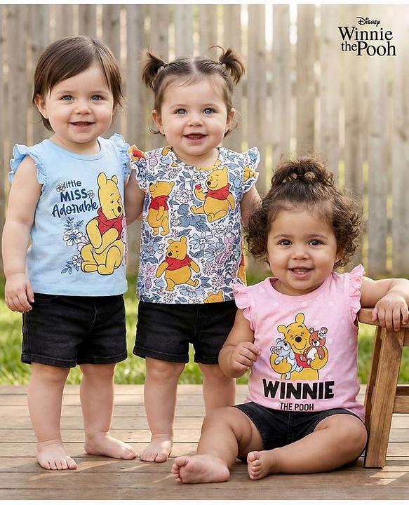 Babyhug Disney Single Jersey Knit Sleeveless T-Shirts With Winnie The Pooh Graphics Pack Of 3 - Pink & Light Blue