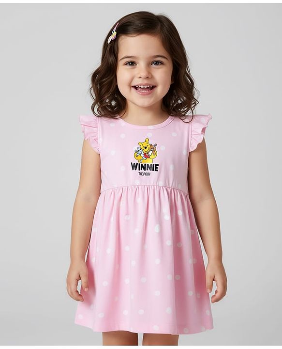 Babyhug Disney Single Jersey Knit Frill Sleeves Frocks With Winnie The Pooh Graphics Pack Of 2 - Pink & White