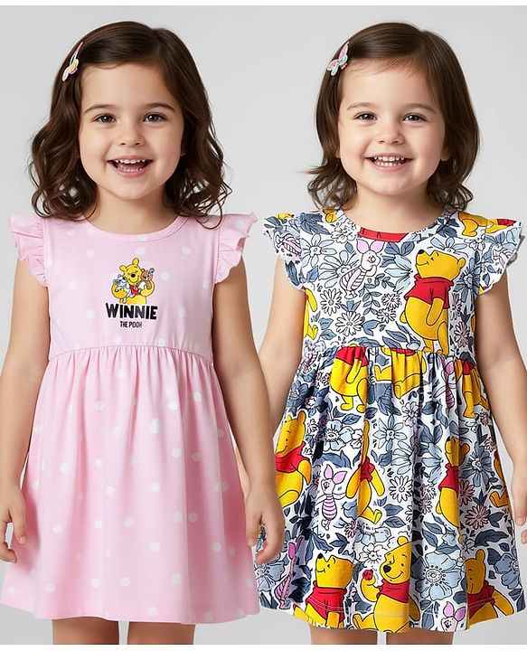 Babyhug Disney Single Jersey Knit Frill Sleeves Frocks With Winnie The Pooh Graphics Pack Of 2 - Pink & White