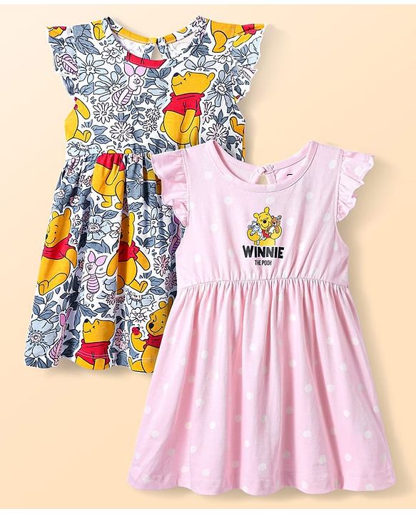 Babyhug Disney Single Jersey Knit Frill Sleeves Frocks With Winnie The Pooh Graphics Pack Of 2 - Pink & White