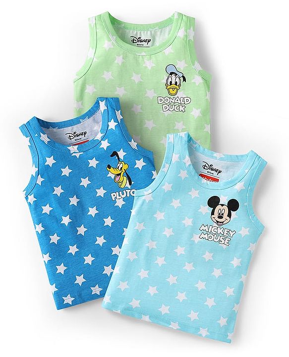Babyhug Disney Single Jersey Knit Sleeveless Vests With Mickey Mouse & Family Graphics Pack Of 3 - Light Blue Blue & Light Green