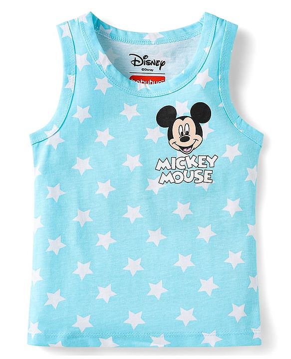 Babyhug Disney Single Jersey Knit Sleeveless Vests With Mickey Mouse & Family Graphics Pack Of 3 - Light Blue Blue & Light Green