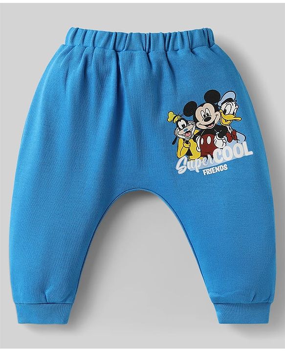 Babyhug Disney Interlock Knit Full Length Diaper Leggings with Mickey Mouse & Family Graphics Pack of 3 - White Blue & Light Green