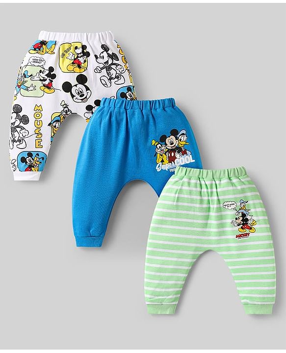 Babyhug Disney Interlock Knit Full Length Diaper Leggings with Mickey Mouse & Family Graphics Pack of 3 - White Blue & Light Green