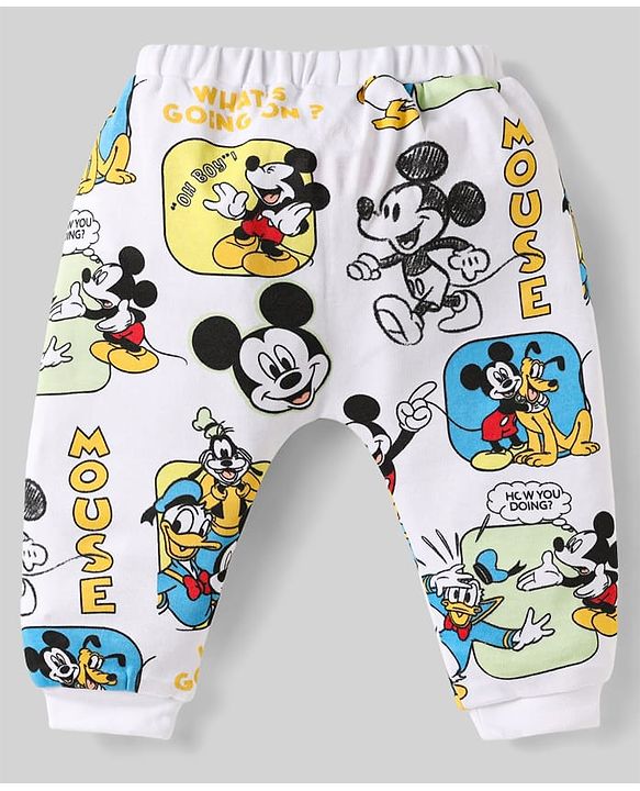 Babyhug Disney Interlock Knit Full Length Diaper Leggings with Mickey Mouse & Family Graphics Pack of 3 - White Blue & Light Green
