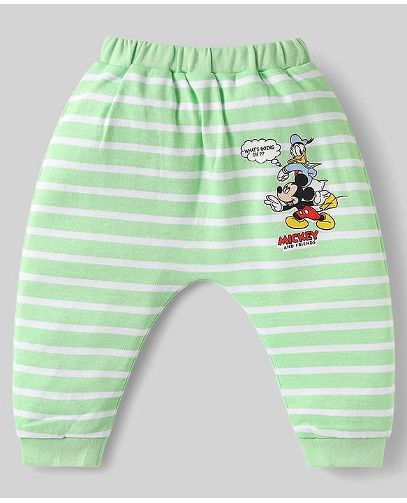 Babyhug Disney Interlock Knit Full Length Diaper Leggings with Mickey Mouse & Family Graphics Pack of 3 - White Blue & Light Green