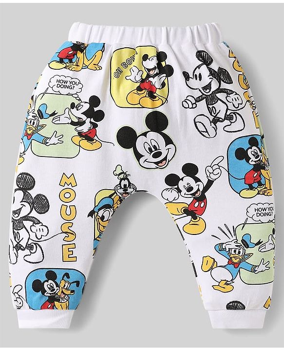 Babyhug Disney Interlock Knit Full Length Diaper Leggings with Mickey Mouse & Family Graphics Pack of 3 - White Blue & Light Green