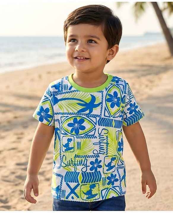 Babyhug Cotton Knit Half Sleeves T-Shirt with Beach Theme Print - Light Green
