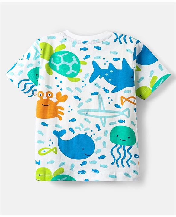 Babyhug Cotton Knit Half Sleeves T-Shirts with Sea Life Print & Stripes Pack of 3 - White