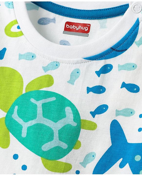 Babyhug Cotton Knit Half Sleeves T-Shirts with Sea Life Print & Stripes Pack of 3 - White