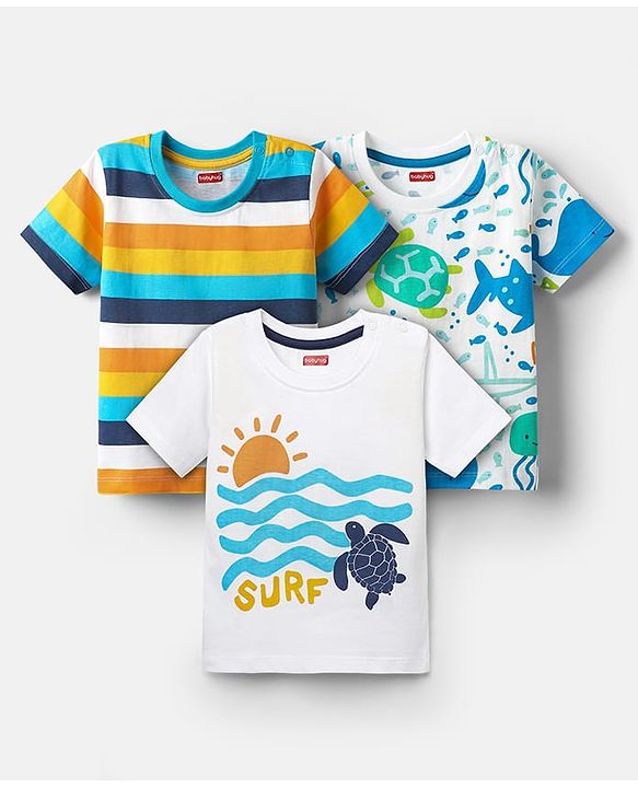Babyhug Cotton Knit Half Sleeves T-Shirts with Sea Life Print & Stripes Pack of 3 - White