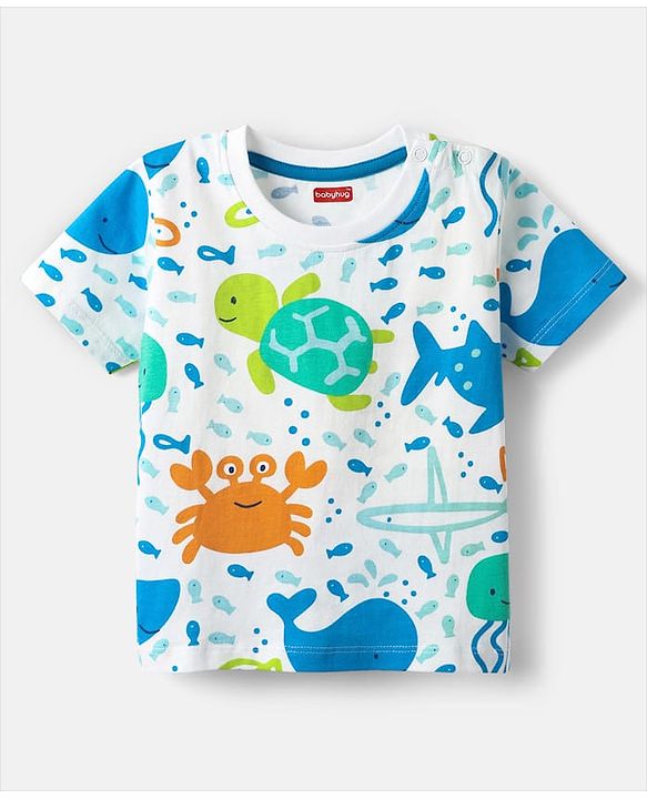 Babyhug Cotton Knit Half Sleeves T-Shirts with Sea Life Print & Stripes Pack of 3 - White