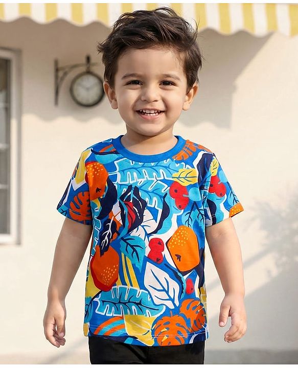 Babyhug Cotton Knit Half Sleeves T-Shirt with Tropical Theme Print - Navy Blue