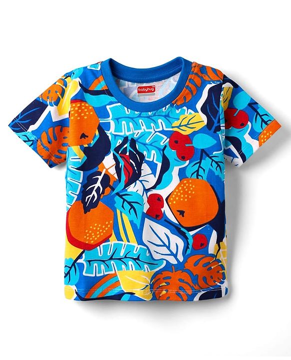 Babyhug Cotton Knit Half Sleeves T-Shirt with Tropical Theme Print - Navy Blue