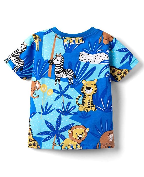 Babyhug Cotton Knit Half Sleeves Henley T-Shirt with Jungle Theme Print - Blue