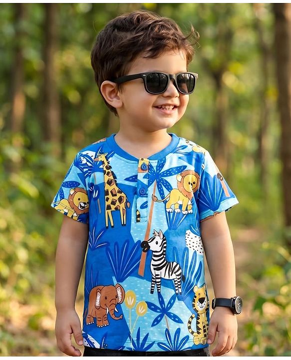 Babyhug Cotton Knit Half Sleeves Henley T-Shirt with Jungle Theme Print - Blue
