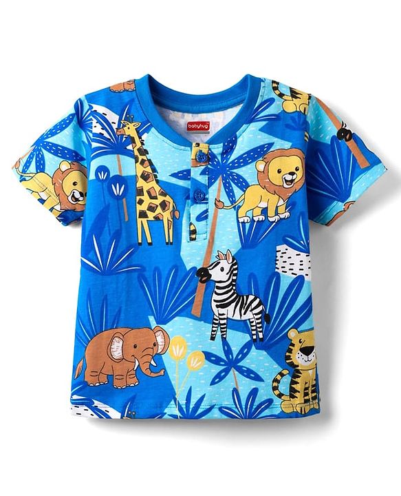 Babyhug Cotton Knit Half Sleeves Henley T-Shirt with Jungle Theme Print - Blue