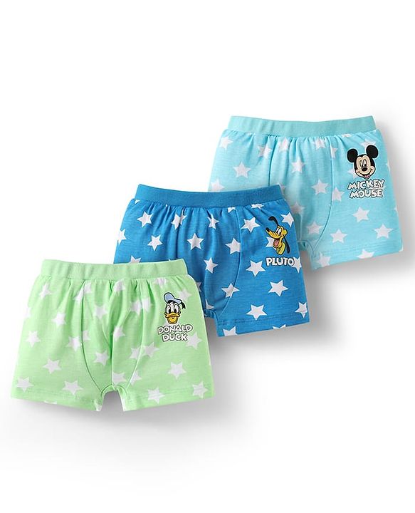 Babyhug Disney Interlock Knit Mid Thigh Trunk With Mickey & Family Graphics Pack Of 3 - Light Blue Light Green & Blue