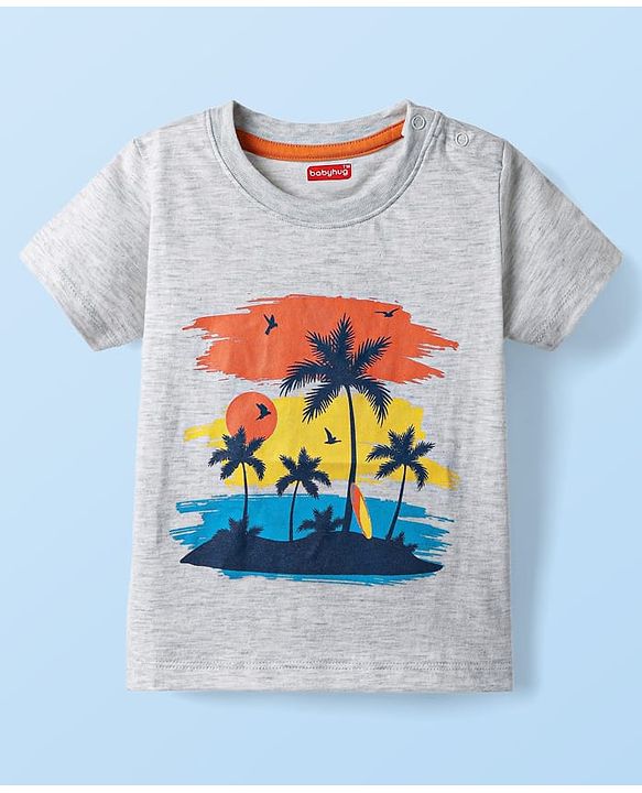 Babyhug Cotton Knit Half Sleeves T-Shirt With Beach Theme Print - Grey