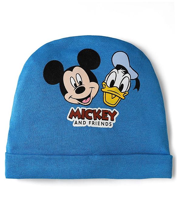 Babyhug Disney 100% Cotton Cap Mittens & Booties Set With Mickey Mouse & Family Graphics Blue - Circumference 28 cm