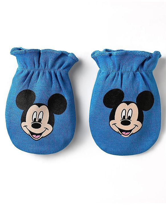 Babyhug Disney 100% Cotton Cap Mittens & Booties Set With Mickey Mouse & Family Graphics Blue - Circumference 28 cm